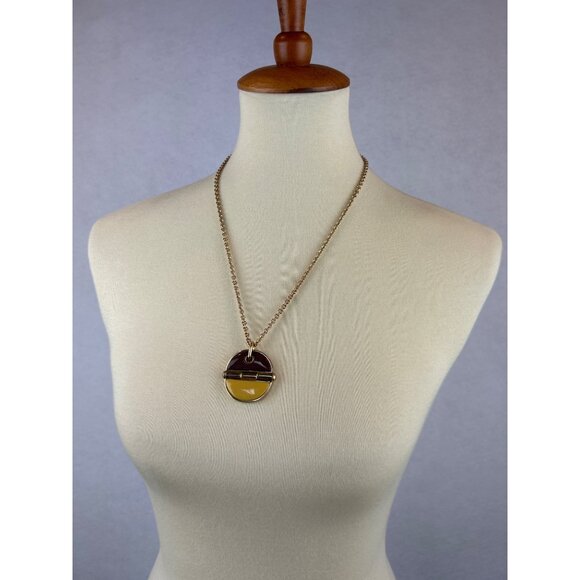 Marc Jacobs Gold Tone Pendant Necklace Enamel Circle Brown Yellow - Picture 2 of 8